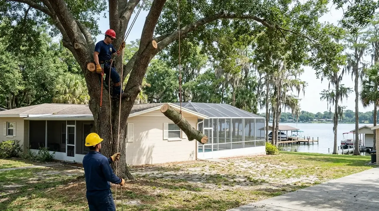 Winter Haven tree removal crew sectioning a laurel oak beside a block home and screened pool cage