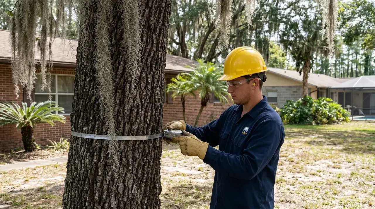 Winter Haven tree removal permit check: crew member measuring a live oak trunk at breast height with a diameter tape