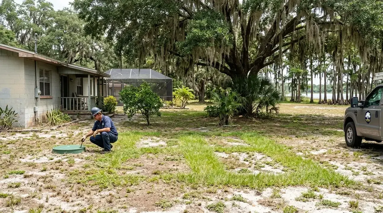 Tree roots near a septic drain field in Wahneta, FL, with a large laurel oak shading a sandy backyard