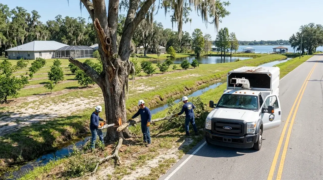 Wahneta tree removal crew cutting a declining water oak beside a canal ditch off Rifle Range Road