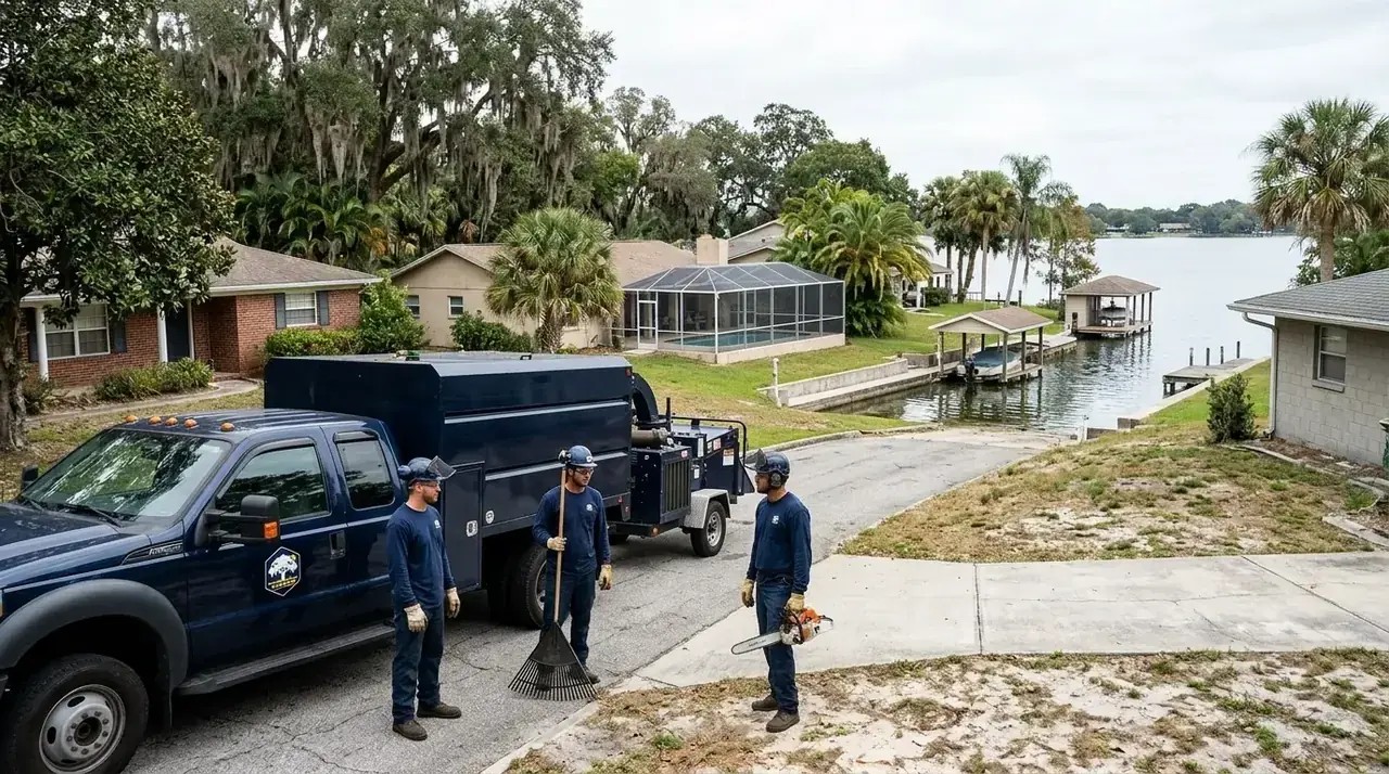 Winter Haven Tree Service crew standing beside a chip truck on a residential street near a lake