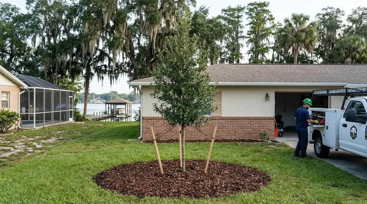 Best shade trees for Winter Haven: a young live oak newly planted in a sunny front yard with mulch ring